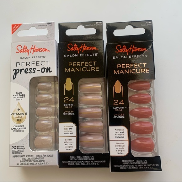 NEW! Sally Hansen Perfect Press-On Manicure Glue Adhesive Nails Set of 3 - Picture 1 of 16